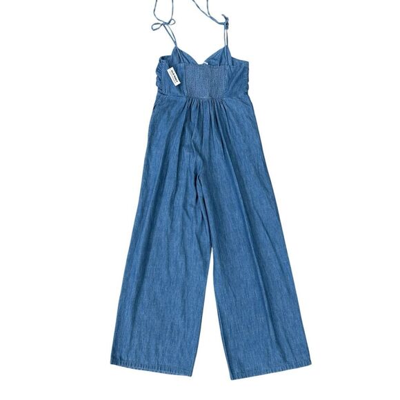 Old Navy Tie Shoulder Denim Twist Front Jumpsuit smocked back Blue size S NWT - Picture 4 of 9